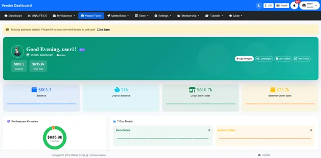 Vendor panel