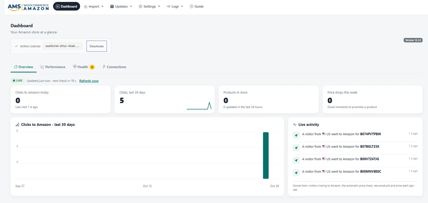 AMS WooCommerce Amazon plugin dashboard